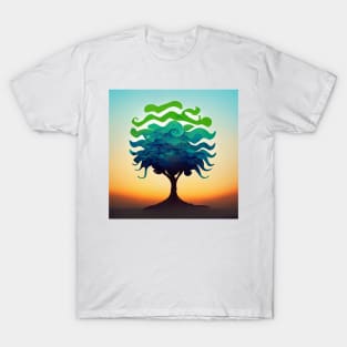 Solitary stylized tree at sunset with green and blue leaves. T-Shirt